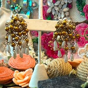 Vintage Pearl Long Dangle Cha Cha Cha Gold Earrings